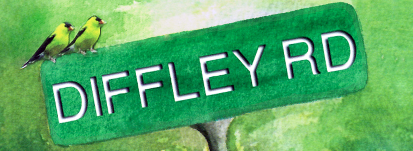 A watercolor painting of Diffley Road sign with two birds sitting on top of sign.